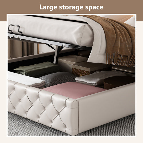 Upholstered Bed 150 X 200 Cm Functional Bed With Slatted Frame And Storage Space, LED Lighting In Different Colors, White, PU