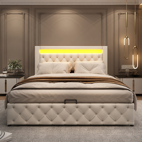 Upholstered Bed 150 X 200 Cm Functional Bed With Slatted Frame And Storage Space, LED Lighting In Different Colors, White, PU