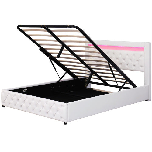 Upholstered Bed 150 X 200 Cm Functional Bed With Slatted Frame And Storage Space, LED Lighting In Different Colors, White, PU