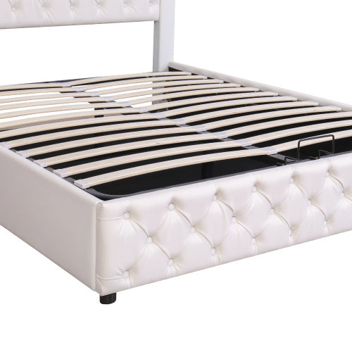 Upholstered Bed 150 X 200 Cm Functional Bed With Slatted Frame And Storage Space, LED Lighting In Different Colors, White, PU