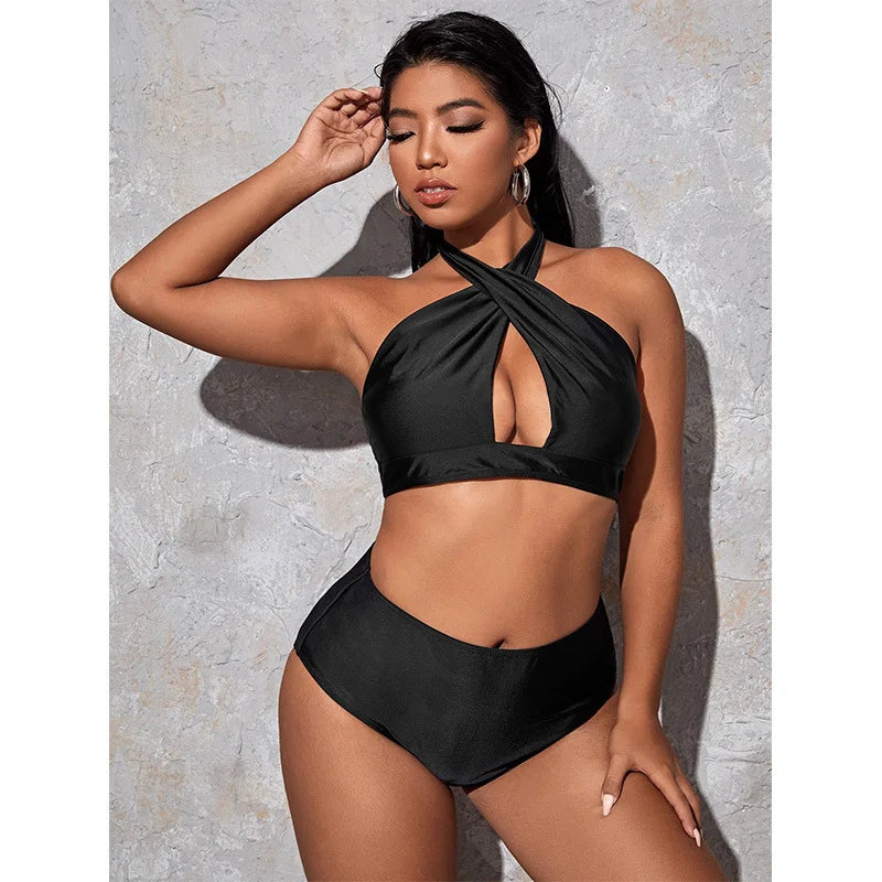 Hollow Out Solid Color Plus Size Split Swimsuit Women's High Waisted Bikini New Collection Beach Style Plus Size Swimsuit Y2k
