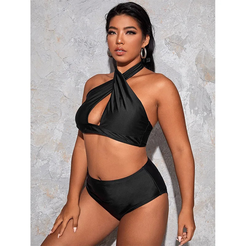 Hollow Out Solid Color Plus Size Split Swimsuit Women's High Waisted Bikini New Collection Beach Style Plus Size Swimsuit Y2k
