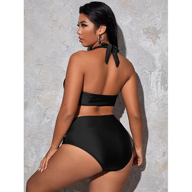 Hollow Out Solid Color Plus Size Split Swimsuit Women's High Waisted Bikini New Collection Beach Style Plus Size Swimsuit Y2k