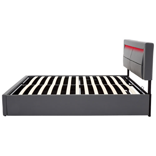 Upholstered Bed 135 X 190 Cm,Double Bed-4ft6,with USB Port Supports Wireless And Wired Charging, With LED Lighting And Storage Space, Without Mattress, PU-Lychee Design, Gray