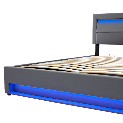 Upholstered Bed 135 X 190 Cm,Double Bed-4ft6,with USB Port Supports Wireless And Wired Charging, With LED Lighting And Storage Space, Without Mattress, PU-Lychee Design, Gray