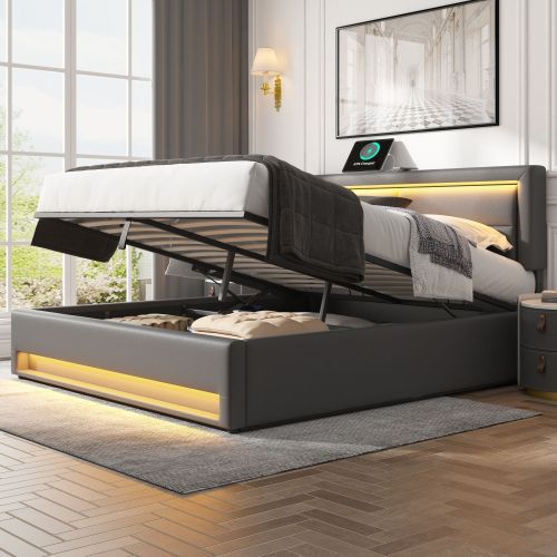 Upholstered Bed 135 X 190 Cm,Double Bed-4ft6,with USB Port Supports Wireless And Wired Charging, With LED Lighting And Storage Space, Without Mattress, PU-Lychee Design, Gray