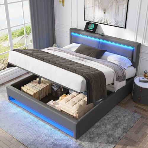 Upholstered Bed 135 X 190 Cm,Double Bed-4ft6,with USB Port Supports Wireless And Wired Charging, With LED Lighting And Storage Space, Without Mattress, PU-Lychee Design, Gray