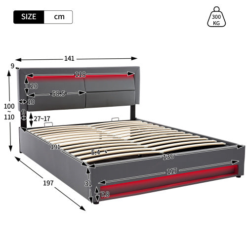 Upholstered Bed 135 X 190 Cm,Double Bed-4ft6,with USB Port Supports Wireless And Wired Charging, With LED Lighting And Storage Space, Without Mattress, PU-Lychee Design, Gray