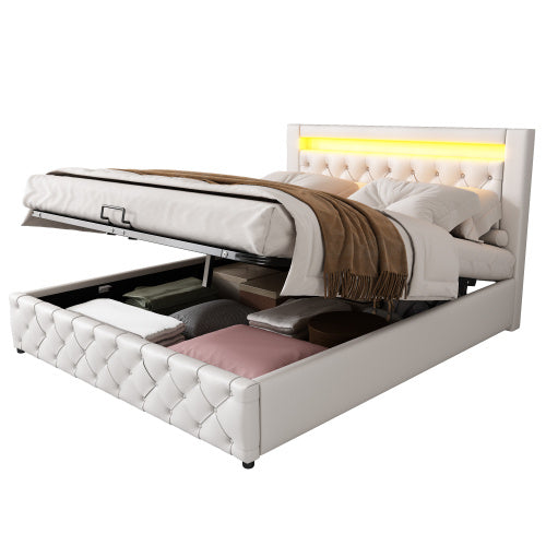 Upholstered Bed 150 X 200 Cm Functional Bed With Slatted Frame And Storage Space, LED Lighting In Different Colors, White, PU
