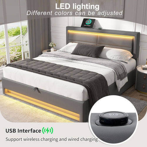 Upholstered Bed 135 X 190 Cm,Double Bed-4ft6,with USB Port Supports Wireless And Wired Charging, With LED Lighting And Storage Space, Without Mattress, PU-Lychee Design, Gray