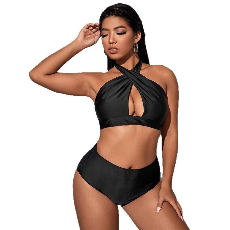 Hollow Out Solid Color Plus Size Split Swimsuit Women's High Waisted Bikini New Collection Beach Style Plus Size Swimsuit Y2k