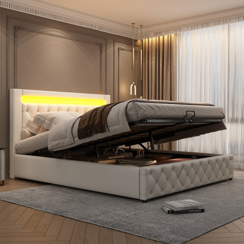 Upholstered Bed 150 X 200 Cm Functional Bed With Slatted Frame And Storage Space, LED Lighting In Different Colors, White, PU
