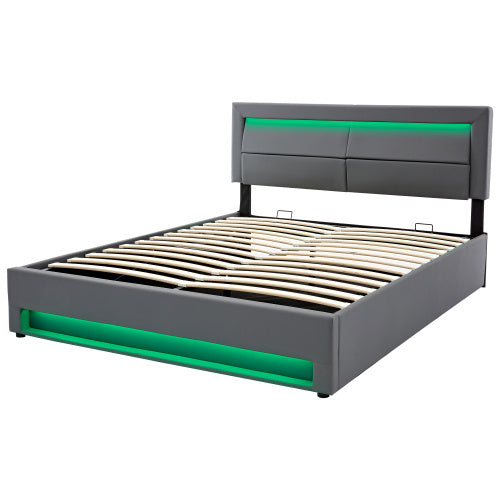Upholstered Bed 135 X 190 Cm,Double Bed-4ft6,with USB Port Supports Wireless And Wired Charging, With LED Lighting And Storage Space, Without Mattress, PU-Lychee Design, Gray