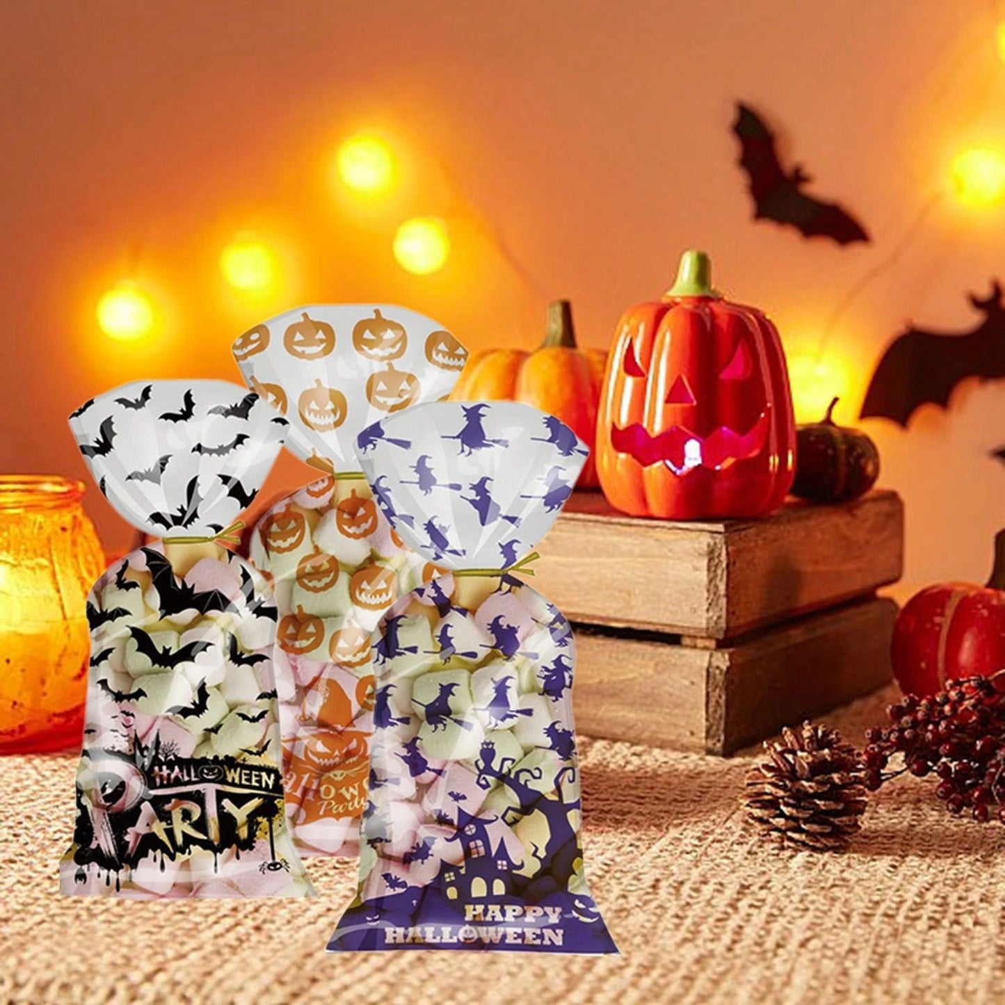 200 Pcs Halloween Gift Wrapping Bags With Twist Ties 5.1 X 10.8 Inch Cellophane Witch Bat Printing Flat Bag OPP Halloween Pumpkin Treat Packaging Bags For Party Favors Halloween Decoration