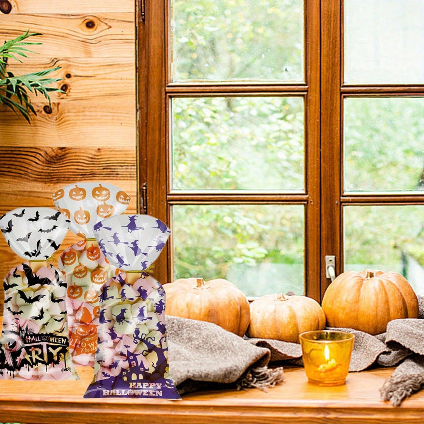 200 Pcs Halloween Gift Wrapping Bags With Twist Ties 5.1 X 10.8 Inch Cellophane Witch Bat Printing Flat Bag OPP Halloween Pumpkin Treat Packaging Bags For Party Favors Halloween Decoration