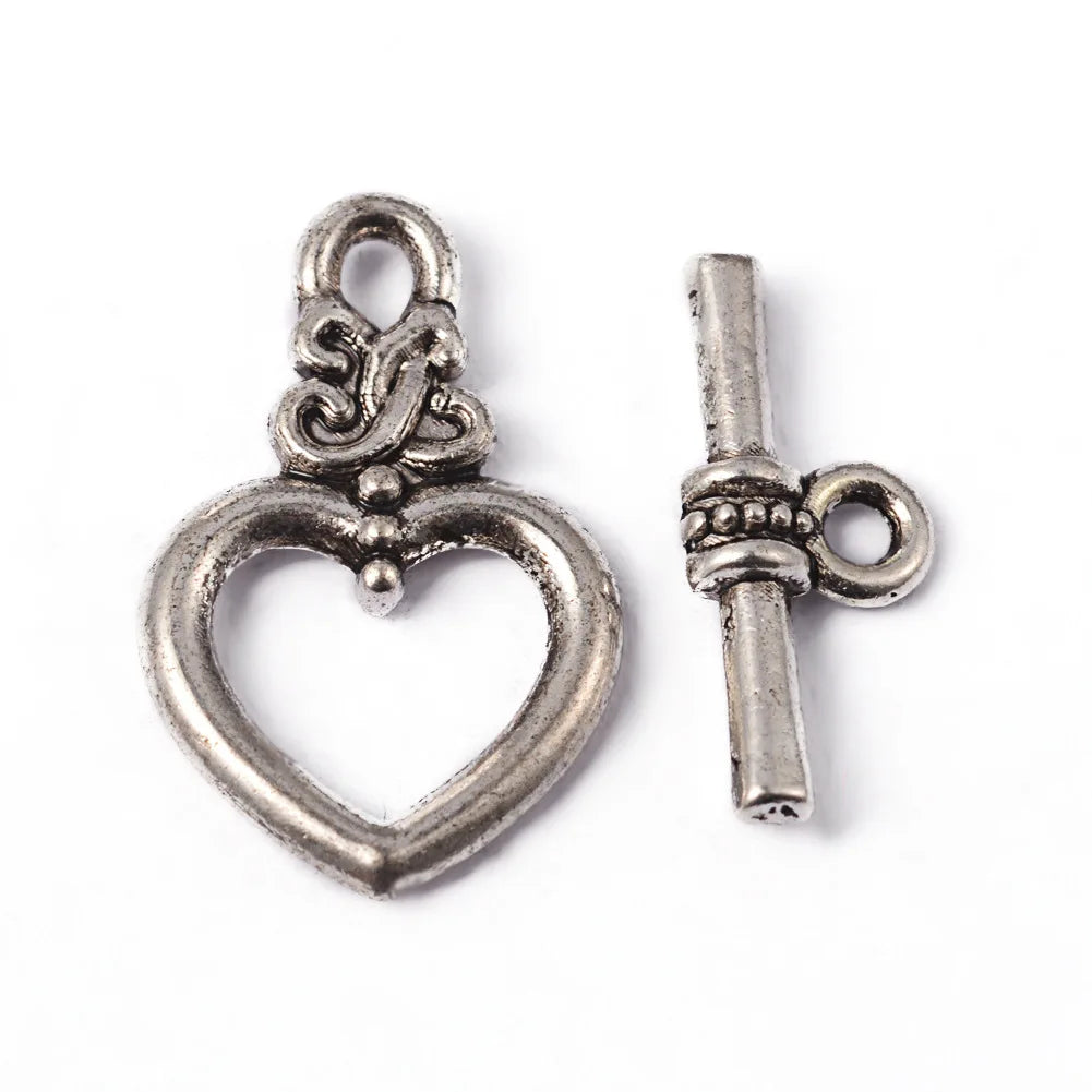 Antique Silver Toggle Clasps – Flower & Heart Connectors (5 Sets)