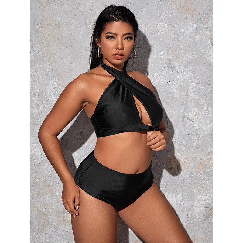Hollow Out Solid Color Plus Size Split Swimsuit Women's High Waisted Bikini New Collection Beach Style Plus Size Swimsuit Y2k