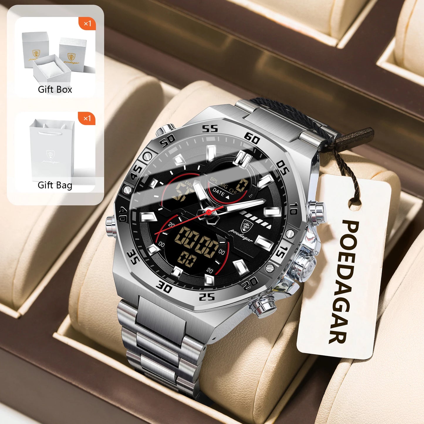 POEDAGAR Men’s Sport Watch – LED Waterproof Quartz