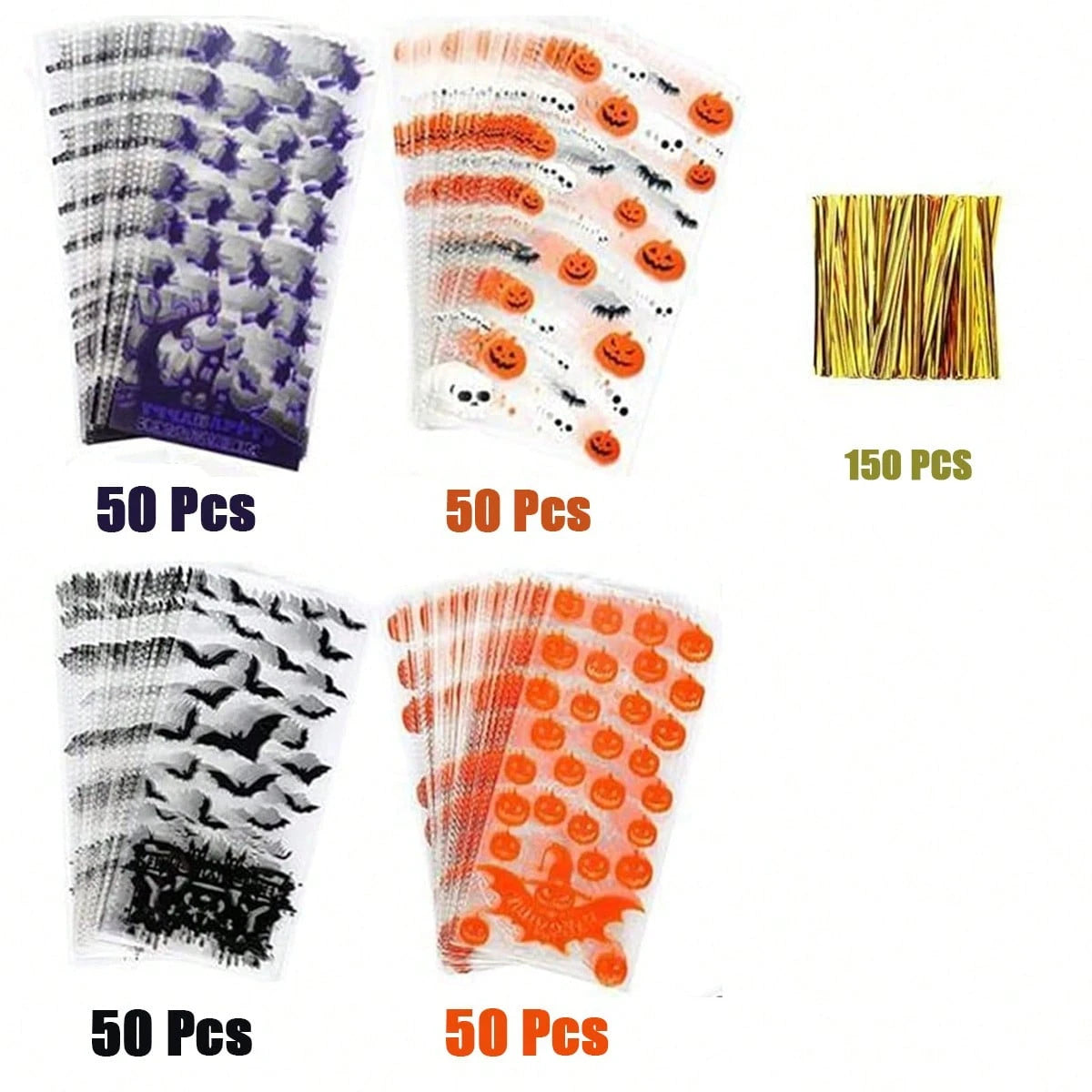 200 Pcs Halloween Gift Wrapping Bags With Twist Ties 5.1 X 10.8 Inch Cellophane Witch Bat Printing Flat Bag OPP Halloween Pumpkin Treat Packaging Bags For Party Favors Halloween Decoration