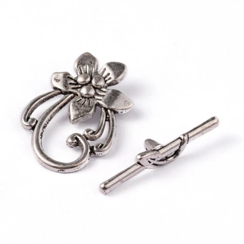 Antique Silver Toggle Clasps – Flower & Heart Connectors (5 Sets)