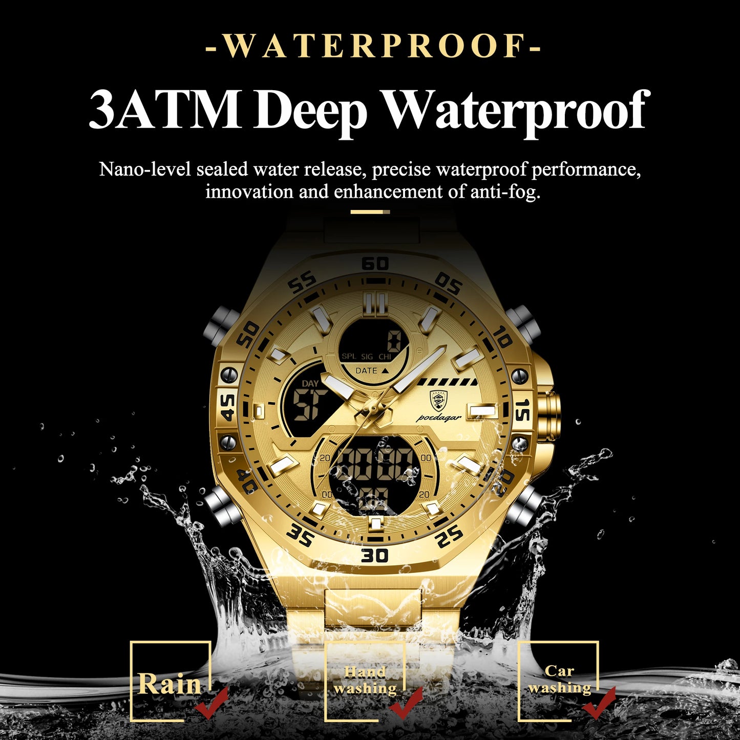 POEDAGAR Men’s Sport Watch – LED Waterproof Quartz