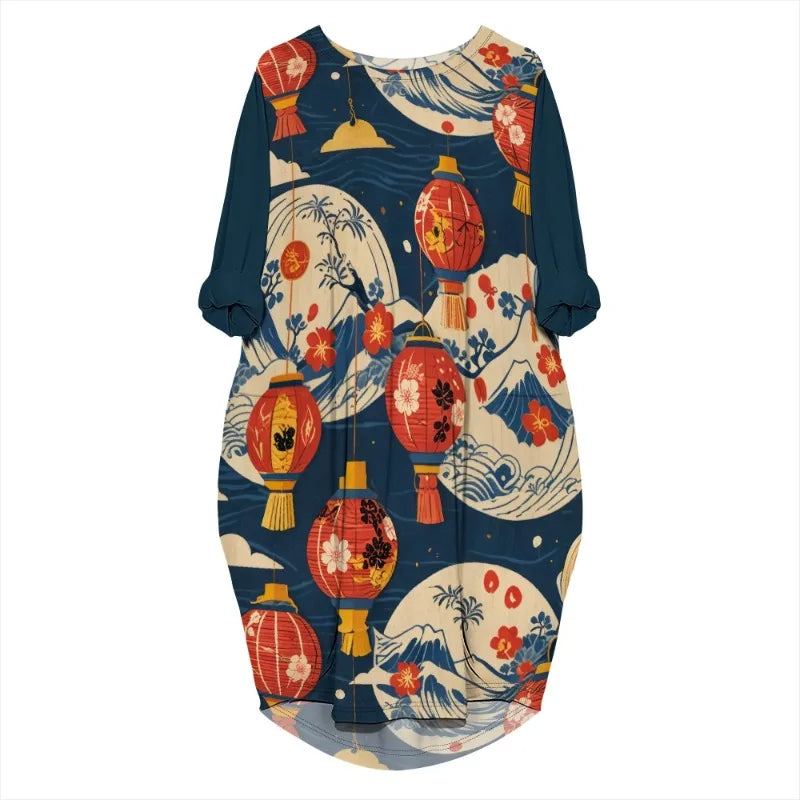 Women's printed loose long sleeved summer plus size dress Cross border Summer New Fashion