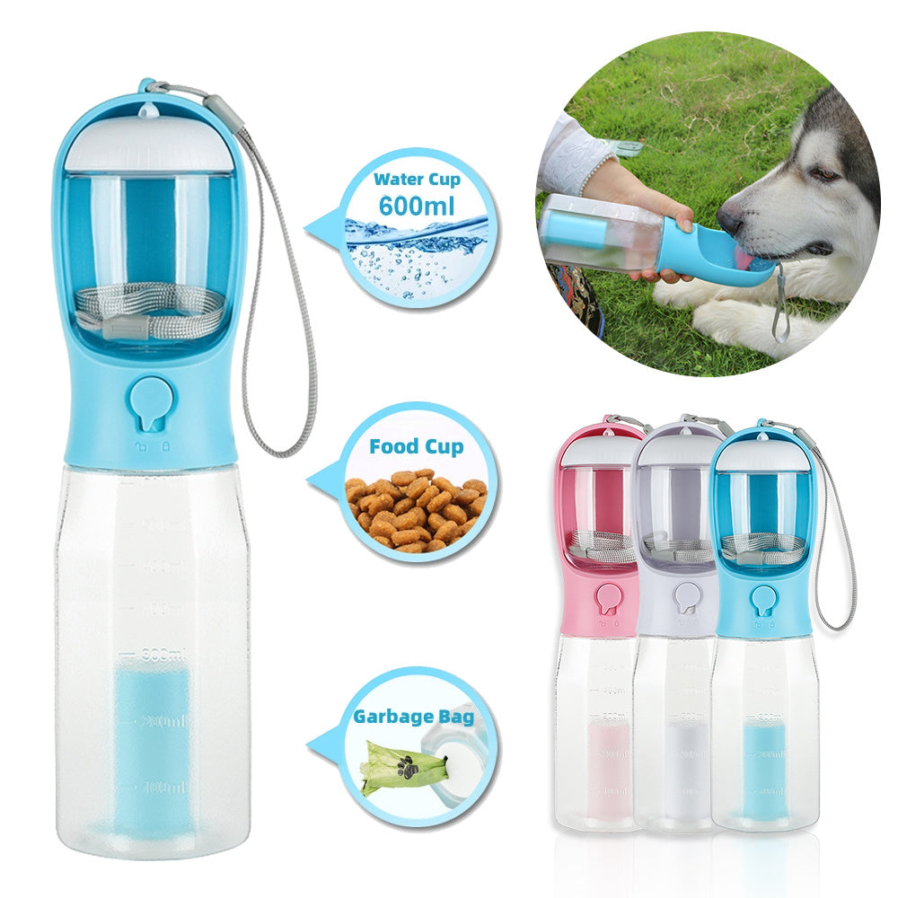 3-in-1 Dog Water Bottle – Portable Feeder & Poop Bag Dispenser