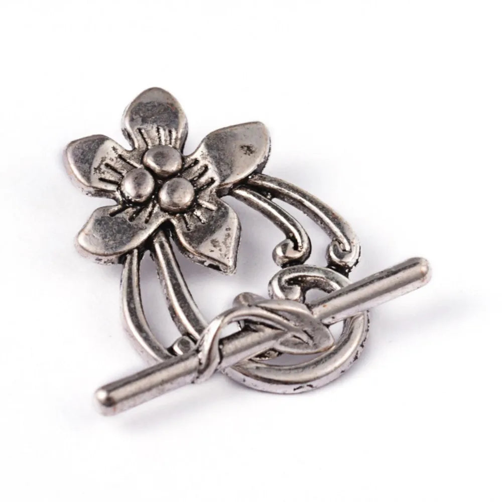Antique Silver Toggle Clasps – Flower & Heart Connectors (5 Sets)