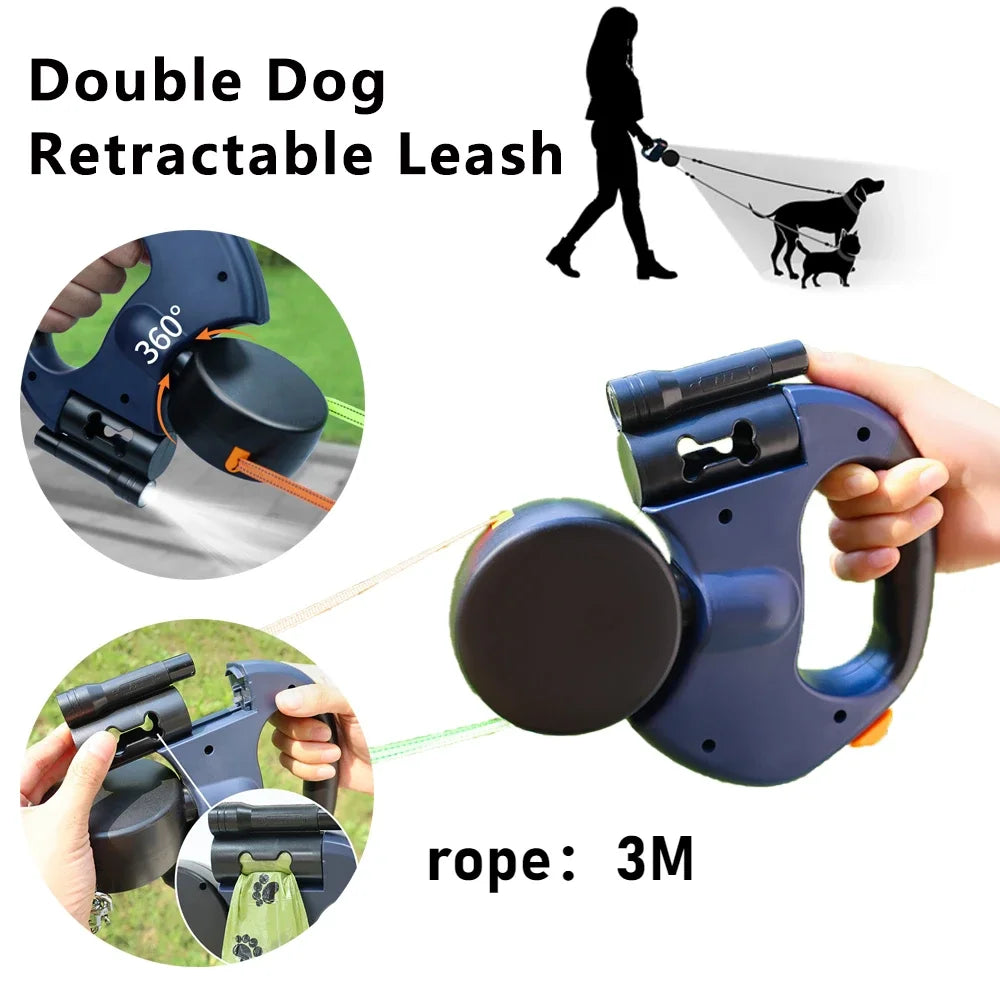 Dual Retractable Dog Leash – No-Tangle with LED Light