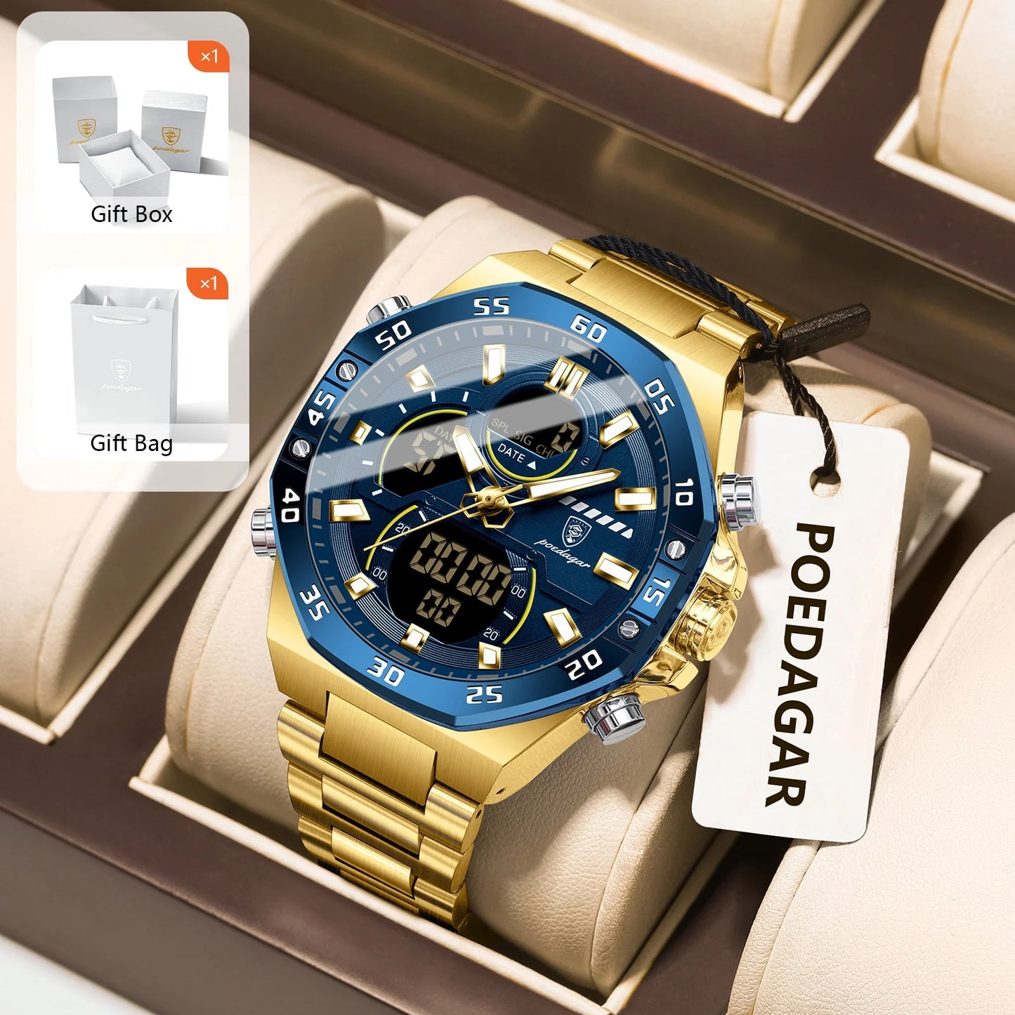 POEDAGAR Men’s Sport Watch – LED Waterproof Quartz