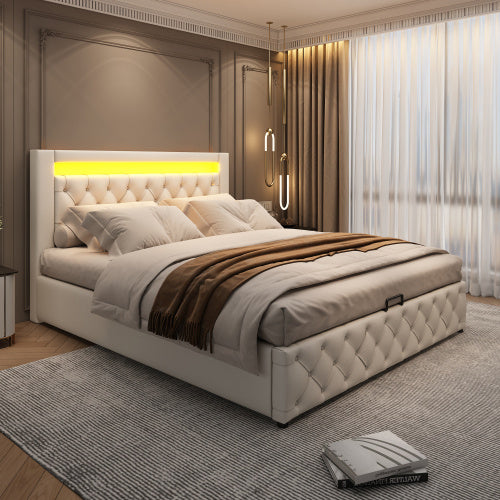 Upholstered Bed 150 X 200 Cm Functional Bed With Slatted Frame And Storage Space, LED Lighting In Different Colors, White, PU