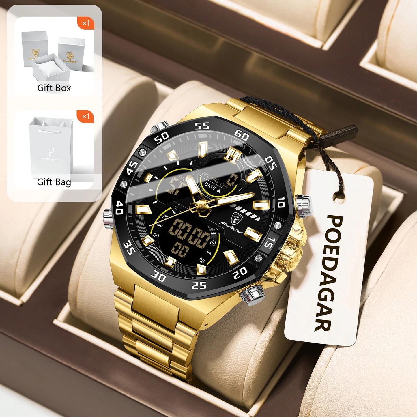 POEDAGAR Men’s Sport Watch – LED Waterproof Quartz