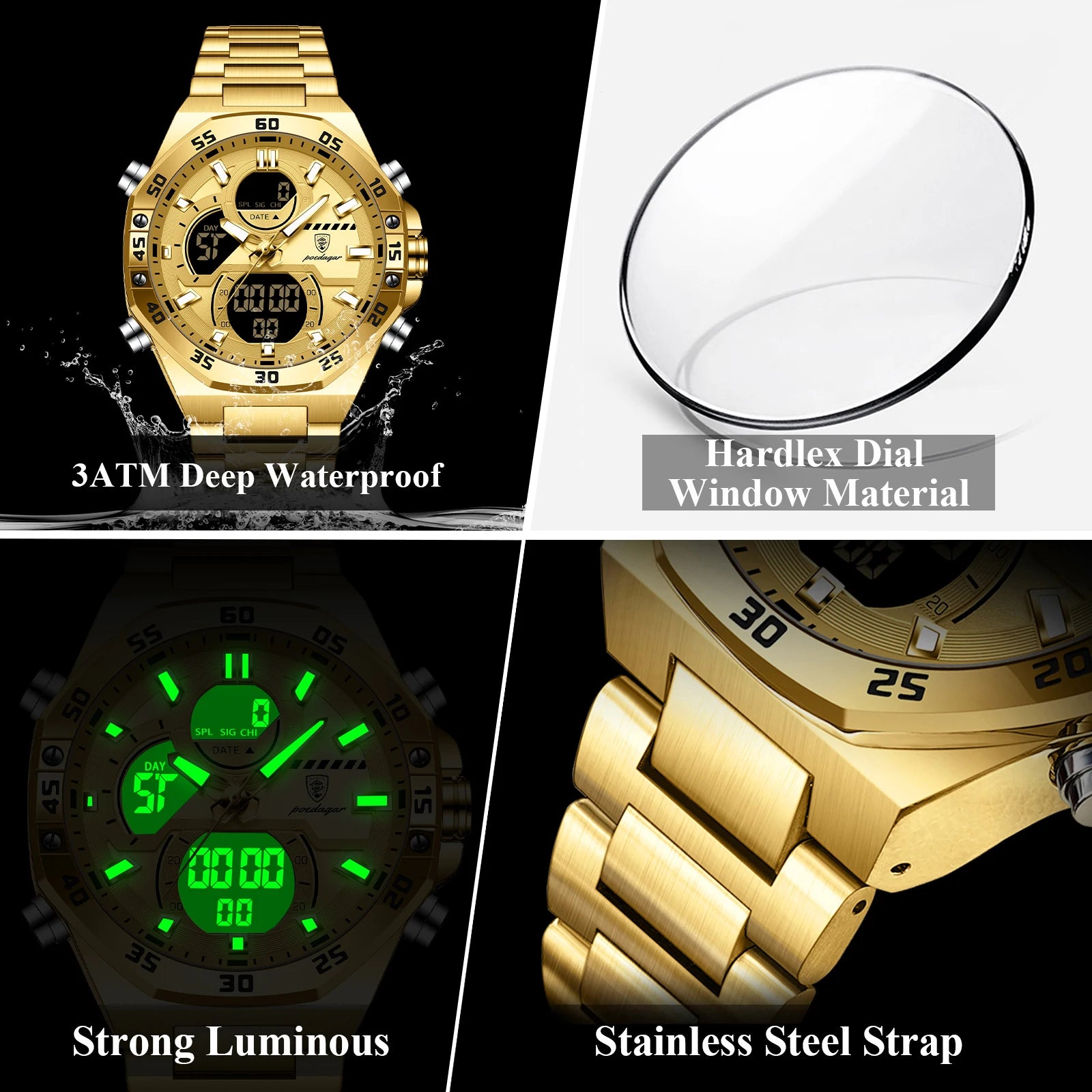 POEDAGAR Men’s Sport Watch – LED Waterproof Quartz