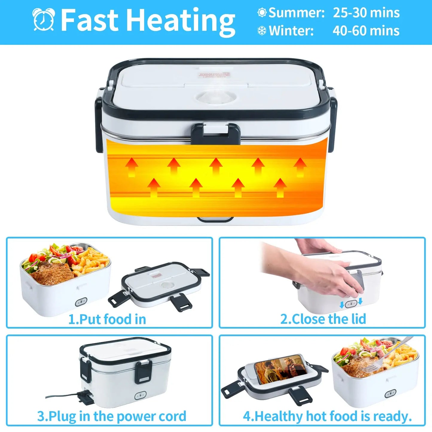 1.8L Electric Lunch Box 60W Food Heated 12V-24V 2-In-1 Portable Food Warmer Heater for Car/Truck/Home Self Heating Box