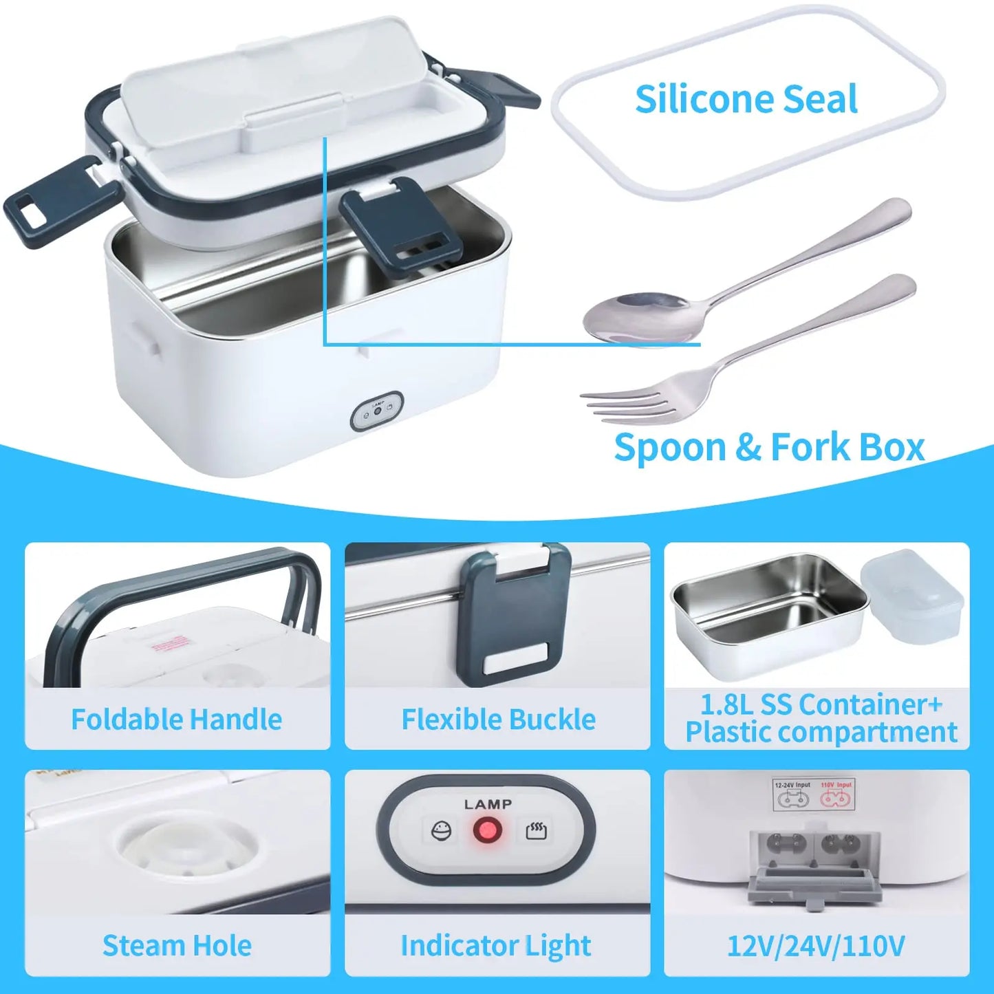 1.8L Electric Lunch Box 60W Food Heated 12V-24V 2-In-1 Portable Food Warmer Heater for Car/Truck/Home Self Heating Box