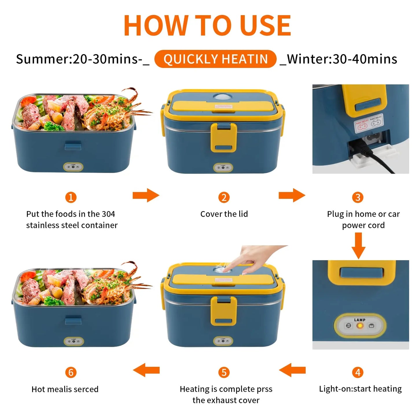 1.8L Electric Lunch Box 60W Food Heated 12V-24V 2-In-1 Portable Food Warmer Heater for Car/Truck/Home Self Heating Box