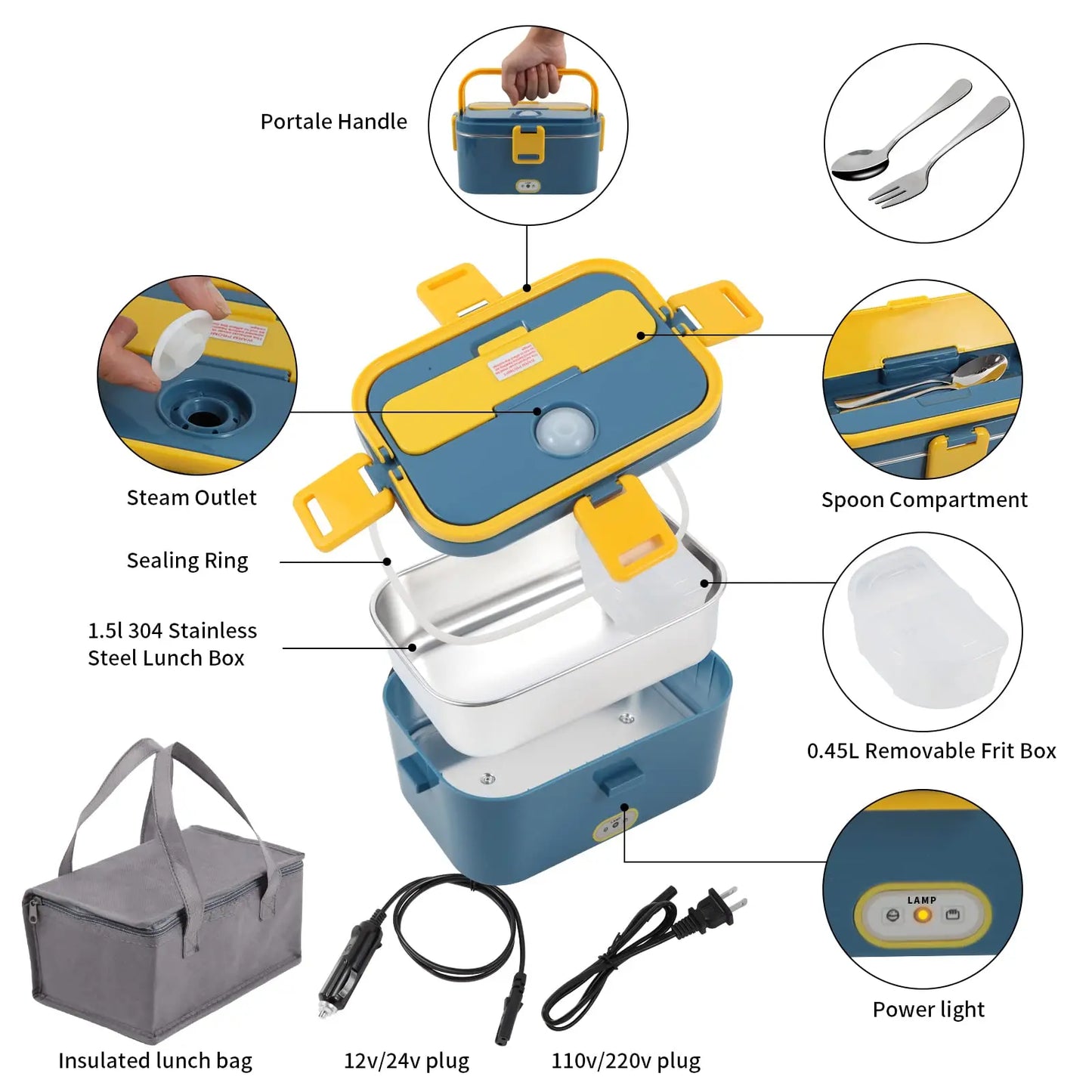 1.8L Electric Lunch Box 60W Food Heated 12V-24V 2-In-1 Portable Food Warmer Heater for Car/Truck/Home Self Heating Box