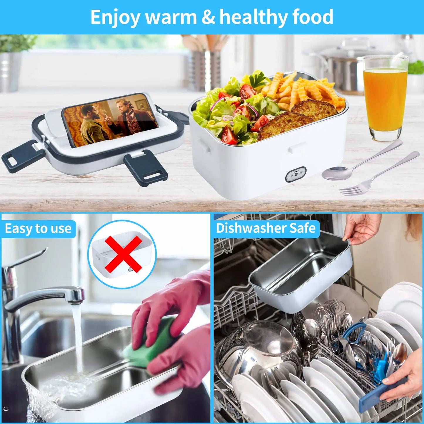 1.8L Electric Lunch Box 60W Food Heated 12V-24V 2-In-1 Portable Food Warmer Heater for Car/Truck/Home Self Heating Box