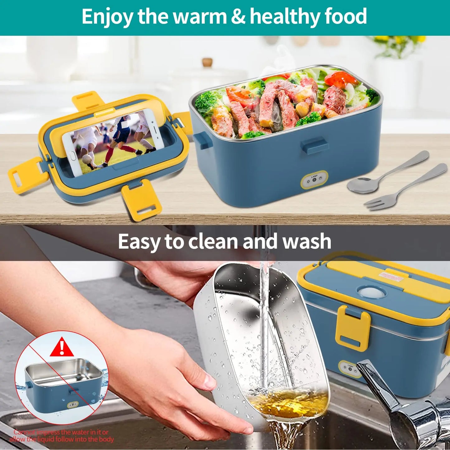 1.8L Electric Lunch Box 60W Food Heated 12V-24V 2-In-1 Portable Food Warmer Heater for Car/Truck/Home Self Heating Box