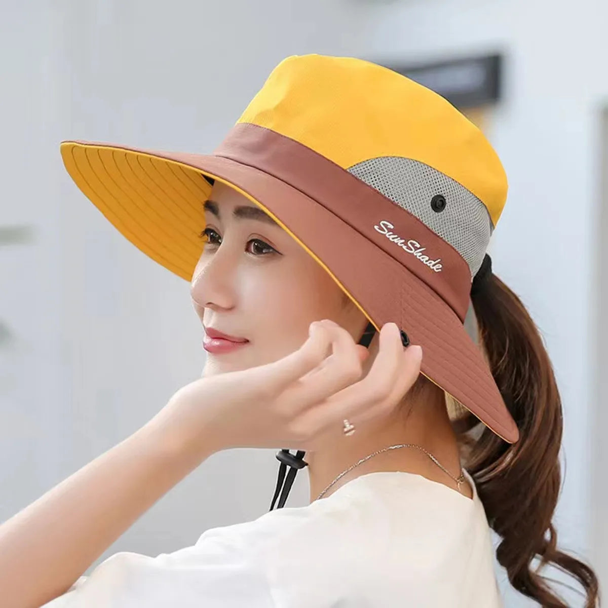 Women Large Brim With Leaking Ponytail Quick Drying Bucket Hats Fishermen Caps Outdoor Casual Cap Women Sunscreen Hat