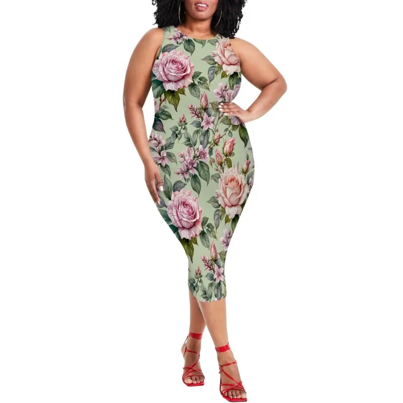 Women Casual Sexy Bodycon Tank Top Round Neck Dress Summer Pencil Sleeveless Basic Midi Club Dresses Beach Party