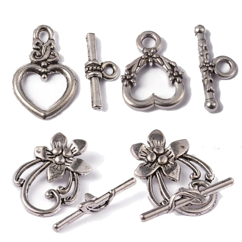 Antique Silver Toggle Clasps – Flower & Heart Connectors (5 Sets)