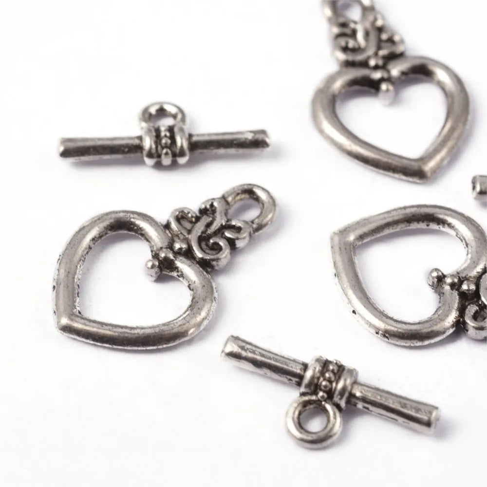 Antique Silver Toggle Clasps – Flower & Heart Connectors (5 Sets)