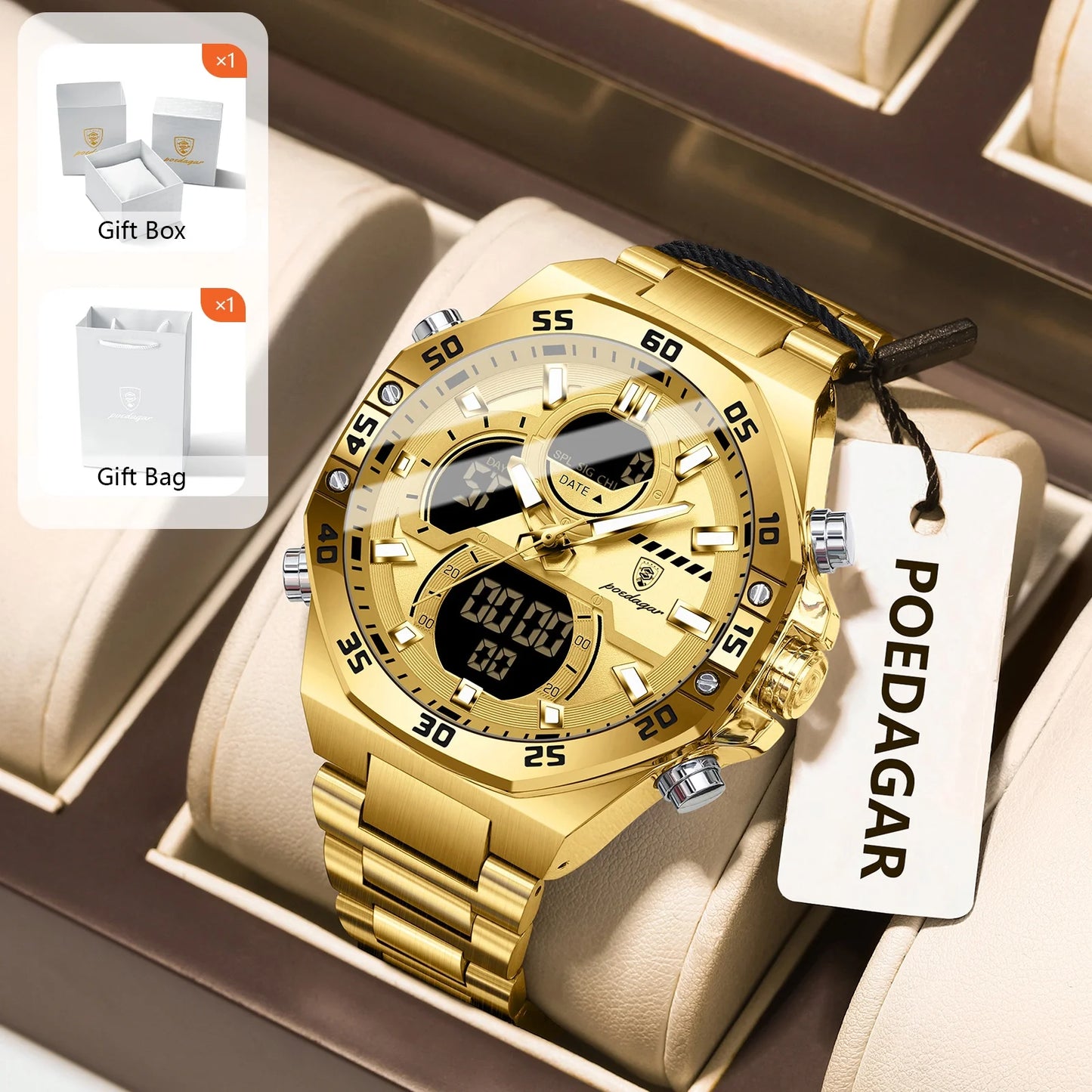 POEDAGAR Men’s Sport Watch – LED Waterproof Quartz