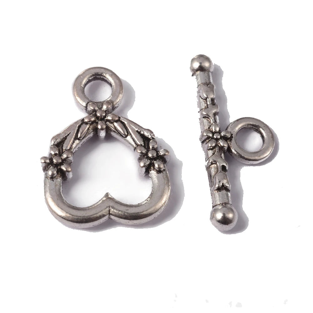 Antique Silver Toggle Clasps – Flower & Heart Connectors (5 Sets)