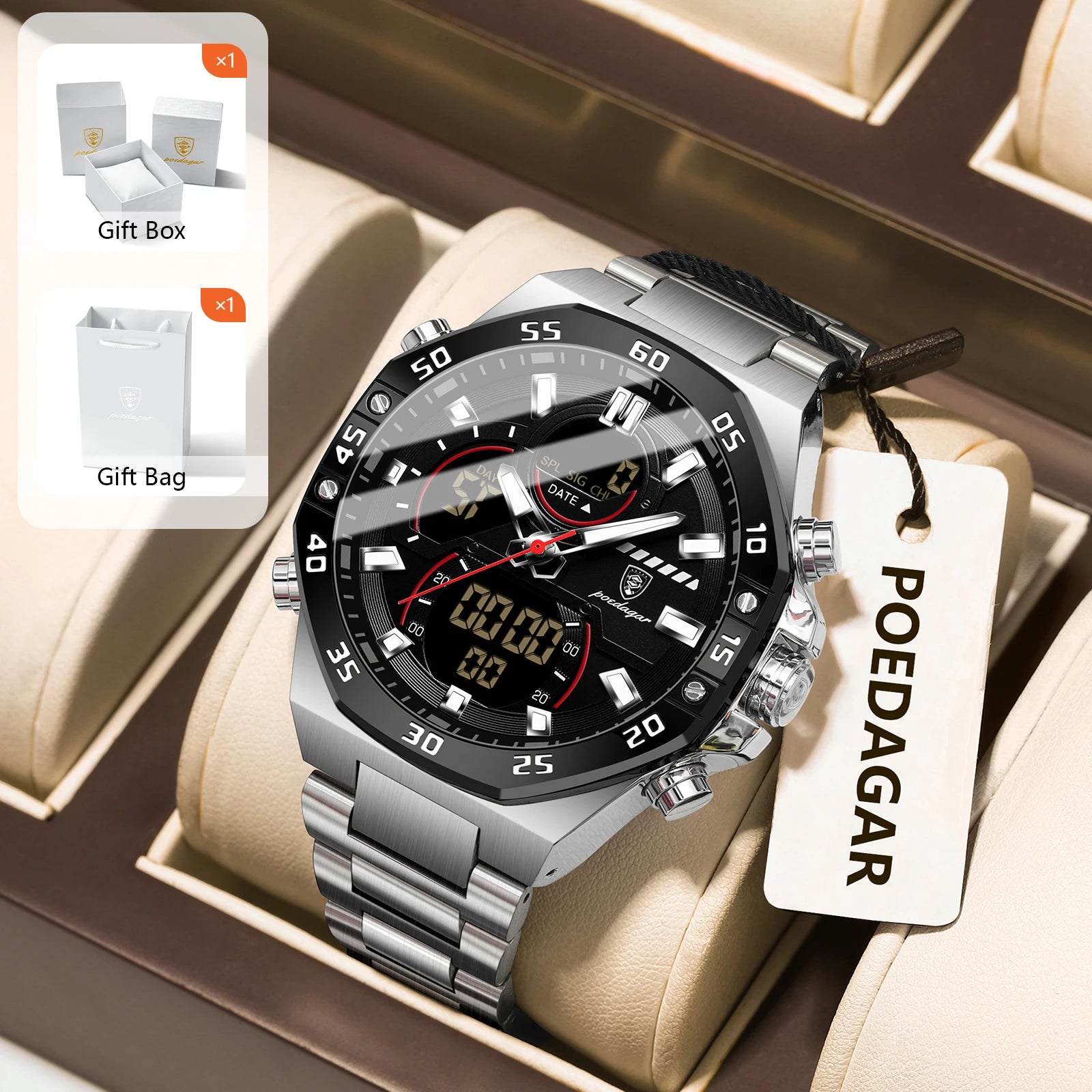POEDAGAR Men’s Sport Watch – LED Waterproof Quartz