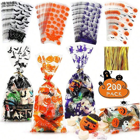 200 Pcs Halloween Gift Wrapping Bags With Twist Ties 5.1 X 10.8 Inch Cellophane Witch Bat Printing Flat Bag OPP Halloween Pumpkin Treat Packaging Bags For Party Favors Halloween Decoration