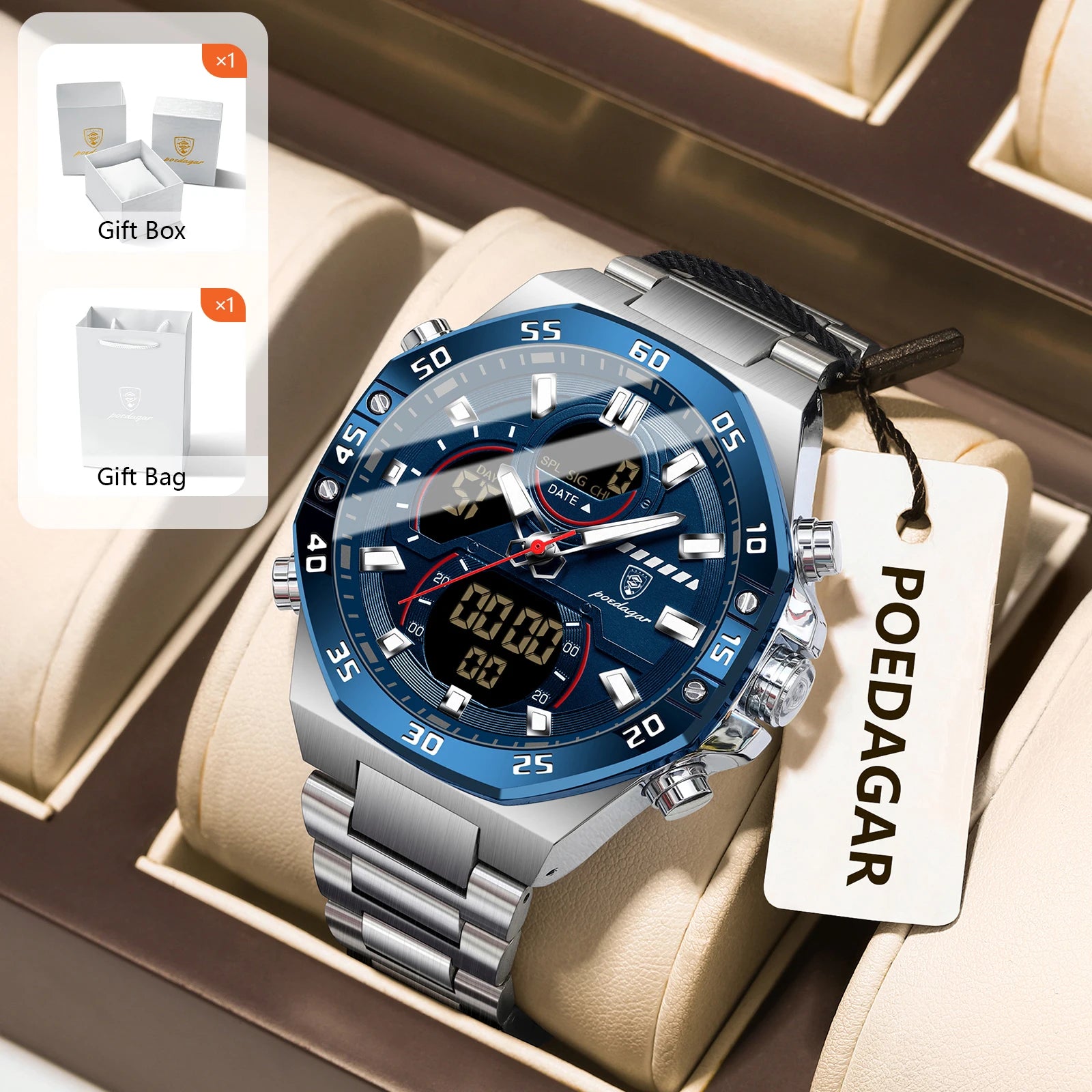 POEDAGAR Men’s Sport Watch – LED Waterproof Quartz