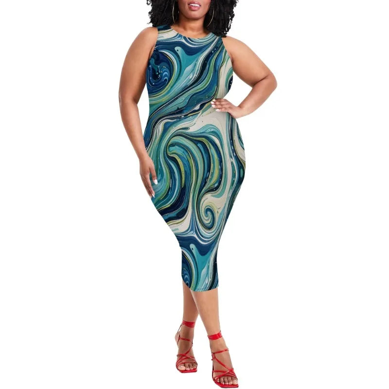 Women Casual Sexy Bodycon Tank Top Round Neck Dress Summer Pencil Sleeveless Basic Midi Club Dresses Beach Party