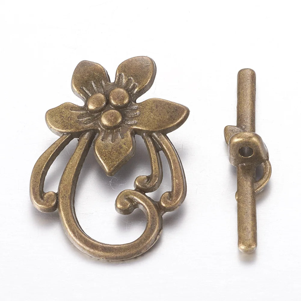 Antique Silver Toggle Clasps – Flower & Heart Connectors (5 Sets)